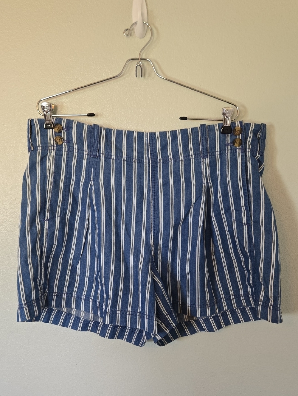 American Eagle | Blue Striped Cotton Shorts Button Detail Size 18